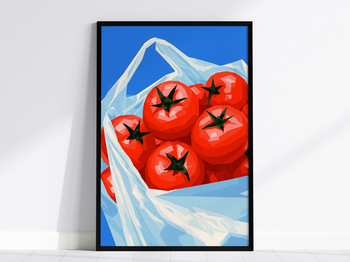 Tomatoes Coming Home Poster | Cobalt and Red Low Poly Art Print | Kitchen Wall Art — framed print on the wall, 24x36 in