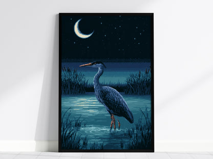 Heron Finds Moonlight Poster | Teal and Navy Pixel Art Print | Retro Gaming Wall Art — framed print on the wall, 24x36 in