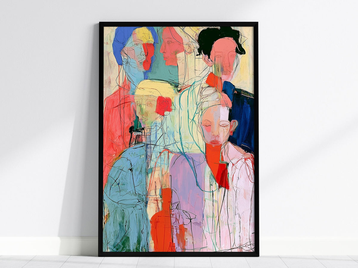 Seven Women Stand Poster | Coral and Pink Illustrative Art Print | Feminist Art Wall Art — framed print on the wall, 24x36 in