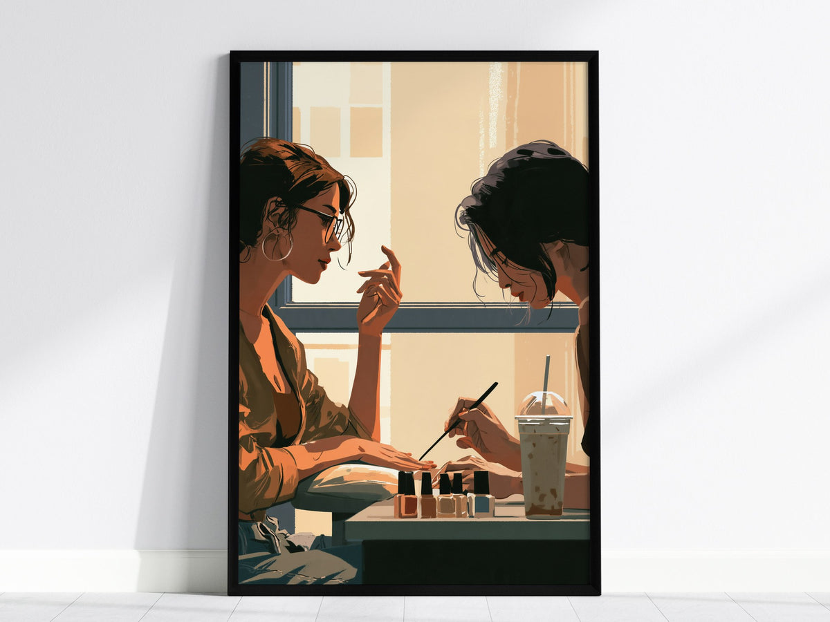 Nail Polish Afternoon Poster | Blue and Coral Illustrative Art Print | Nail Salon Wall Art — framed print on the wall, 24x36