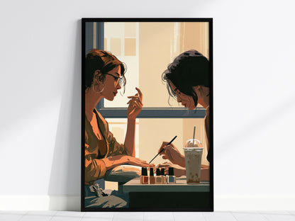 Nail Polish Afternoon Poster | Blue and Coral Illustrative Art Print | Nail Salon Wall Art — framed print on the wall, 24x36