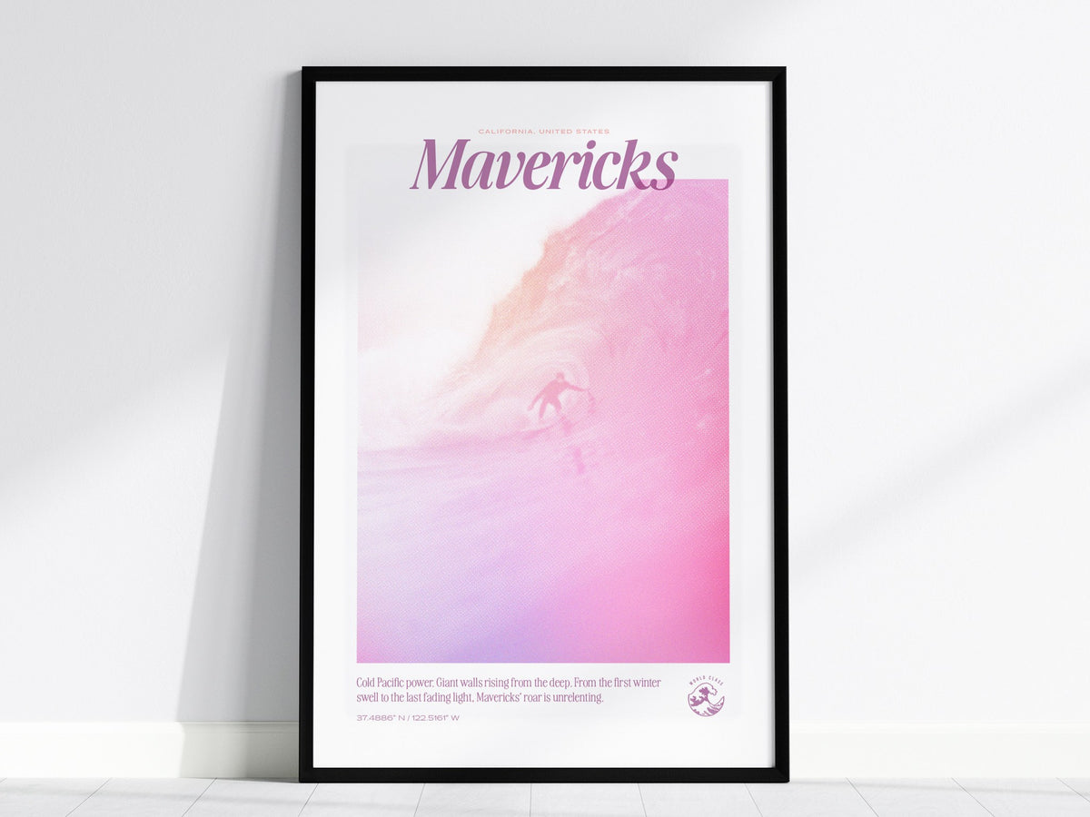 Mavericks - Retro Poster | Surf Art Print — framed print on the wall, 24x36 in