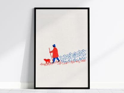 Shepherd Leads Home Poster | Red and Blue Screen Print Art Print | Nursery Wall Art — framed print on the wall, 24x36 in