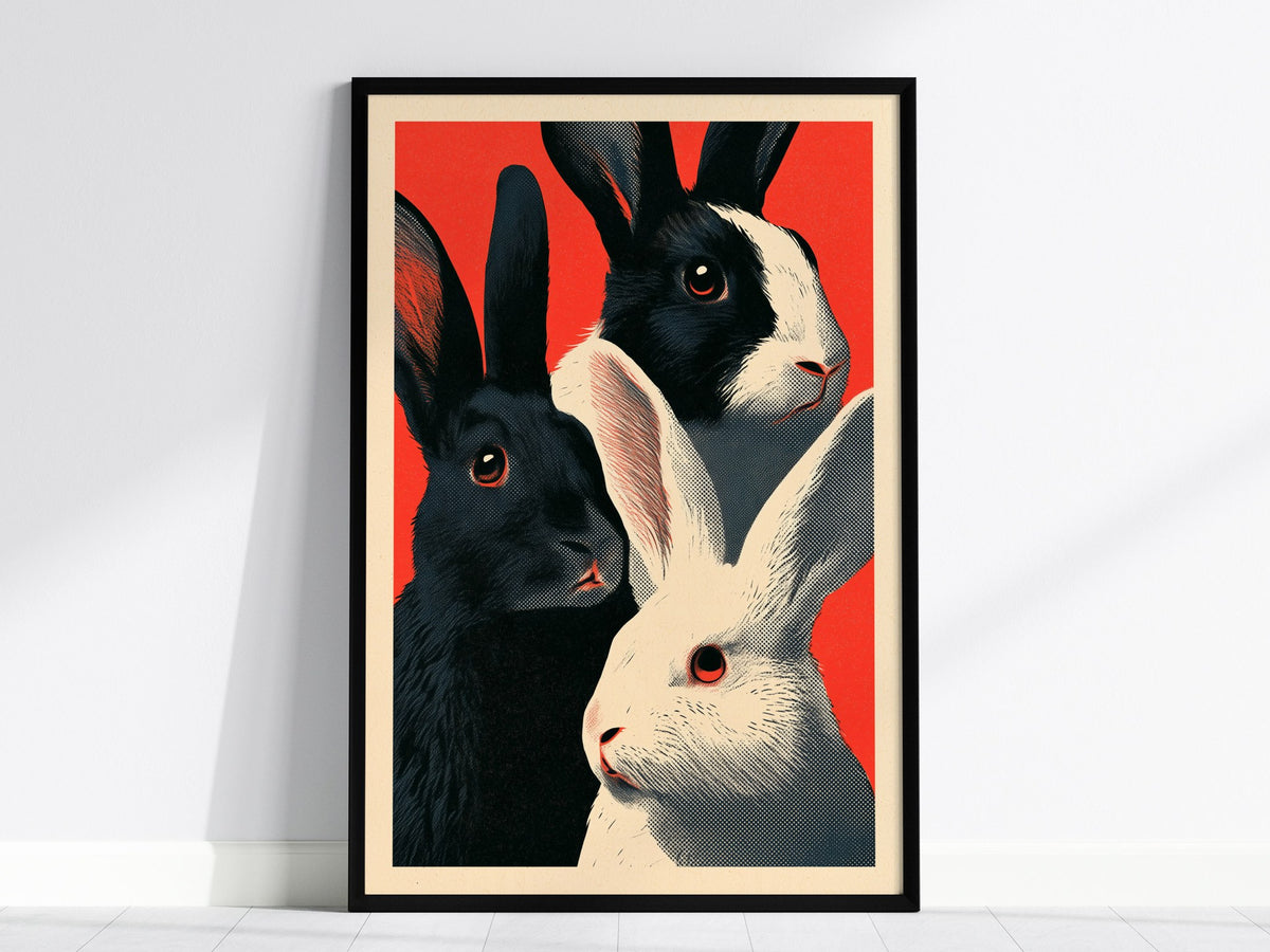 Tuxedo Rabbits Yellow Poster | Mustard and Black Screen Print Art Print | Animal Advocacy Wall Art — framed print on the wall