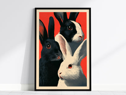 Tuxedo Rabbits Yellow Poster | Mustard and Black Screen Print Art Print | Animal Advocacy Wall Art — framed print on the wall