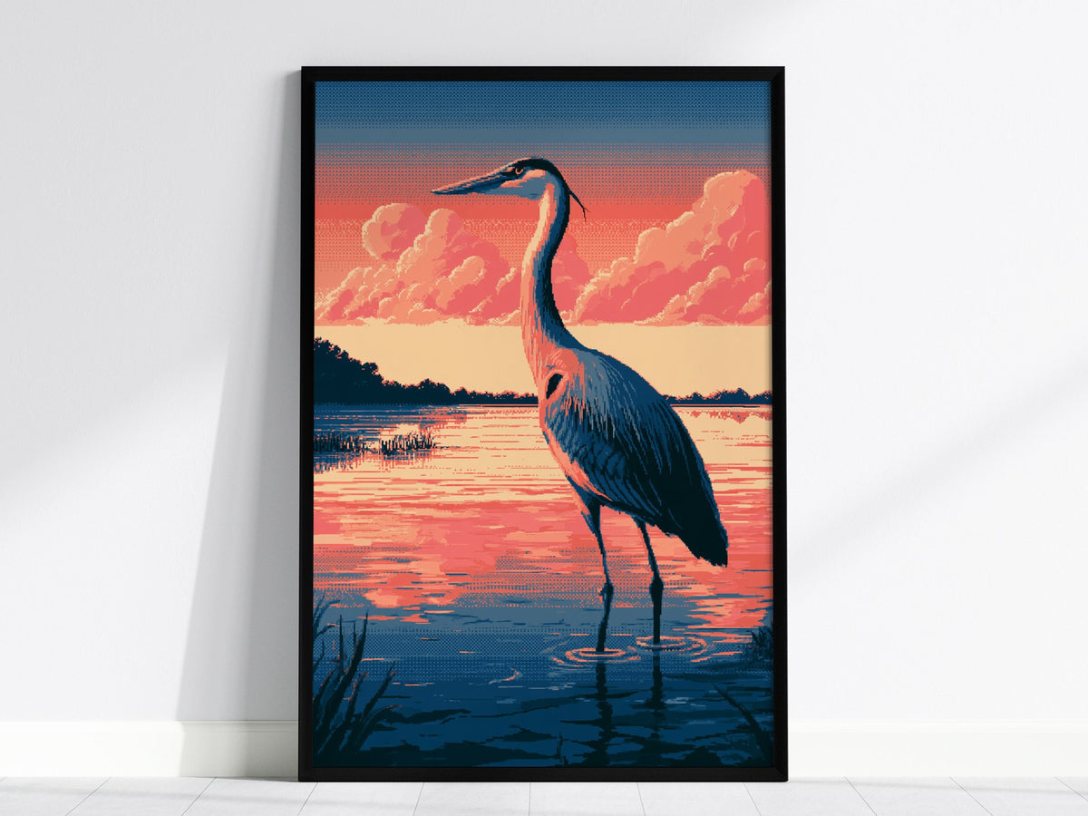 Heron Walks Dusk Poster | Coral and Slate Pixel Art Print | Retro Gaming Wall Art — framed print on the wall, 24x36 in