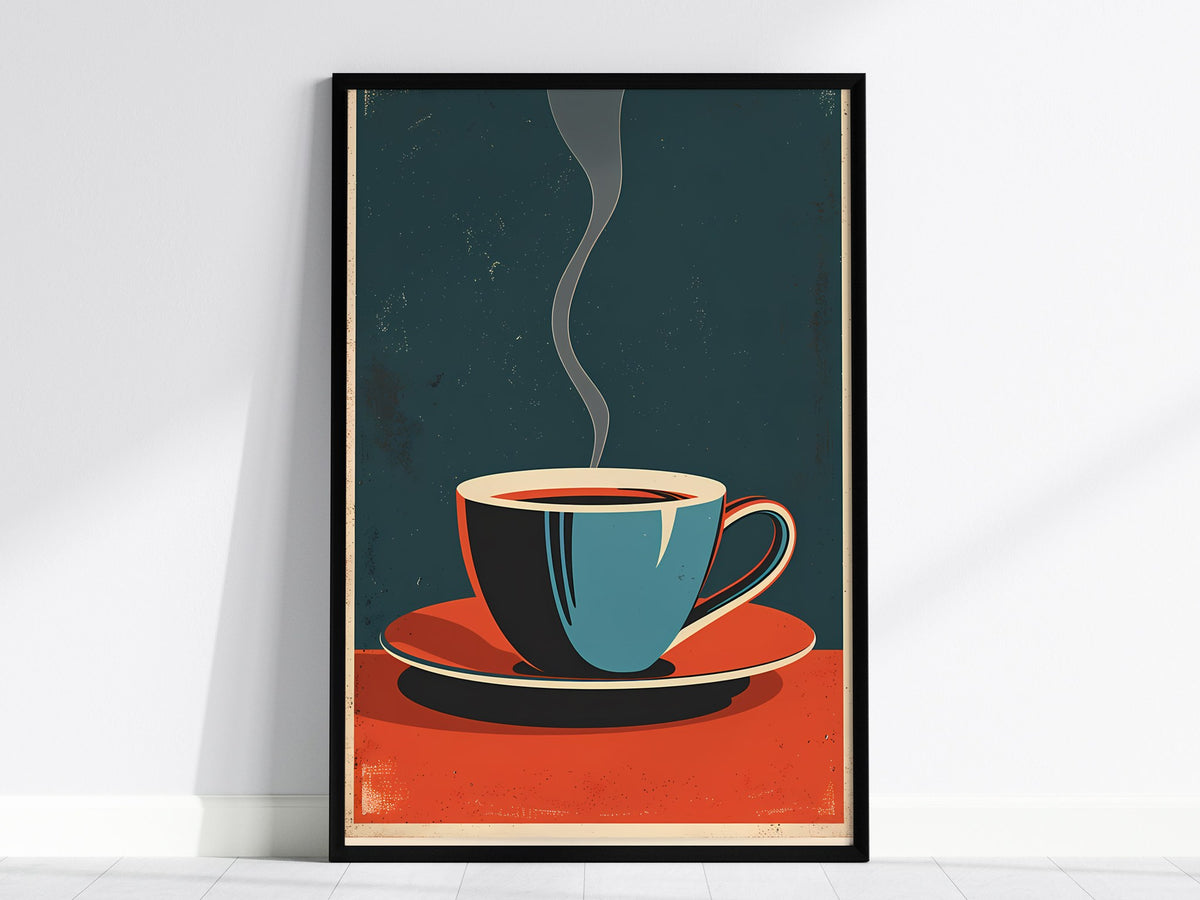 Cup and Saucer Poster | Cobalt and Coral Flat Design Art Print | Kitchen Wall Art — framed print on the wall, 24x36 in