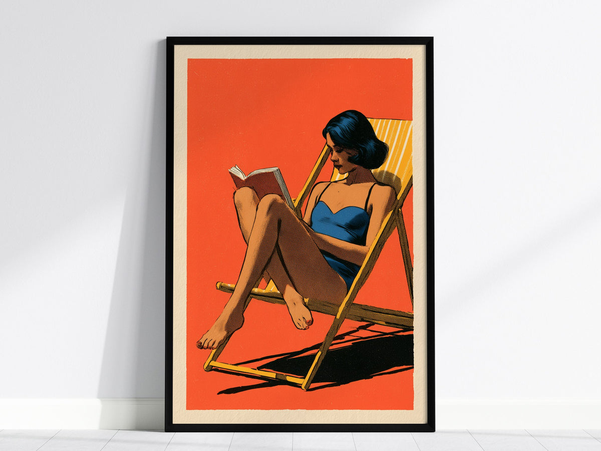 Deck Chair Reader Poster | Yellow Blue Coral Screen Print Art Print | Beach House Wall Art — framed print on the wall, 24x36