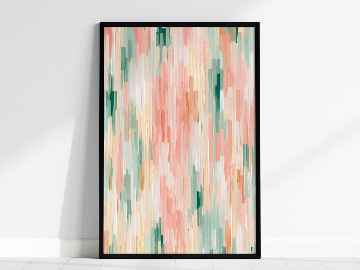 Drifting Color Fields Poster | Rose and Sage Oil Painting Art Print | Minimalist Wall Art — framed print on the wall, 24x36 i
