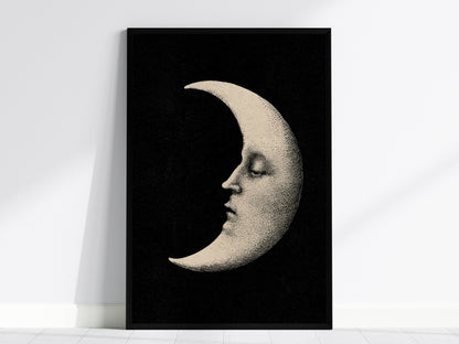 Manuscript Moon Poster | Black and Cream Pen and Ink Art Print | Dark Academia Wall Art — framed print on the wall, 24x36 in
