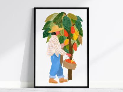 Cocoa Harvest Walk Poster | Illustrative Art Print — framed print on the wall, 24x36 in