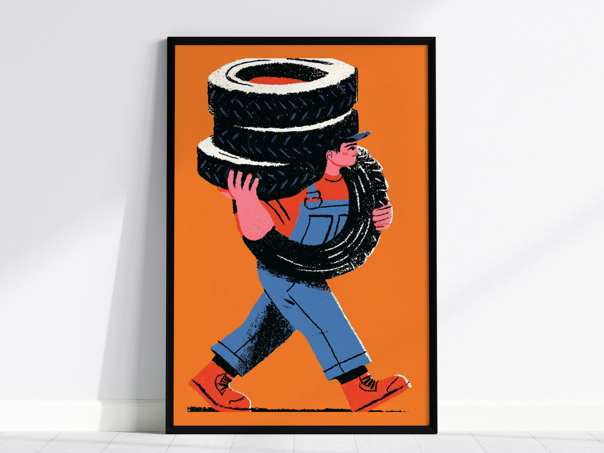 Mechanic Carries Tires Poster | Orange and Blue Illustrative Art Print | Workshop Wall Art — framed print on the wall, 24x36