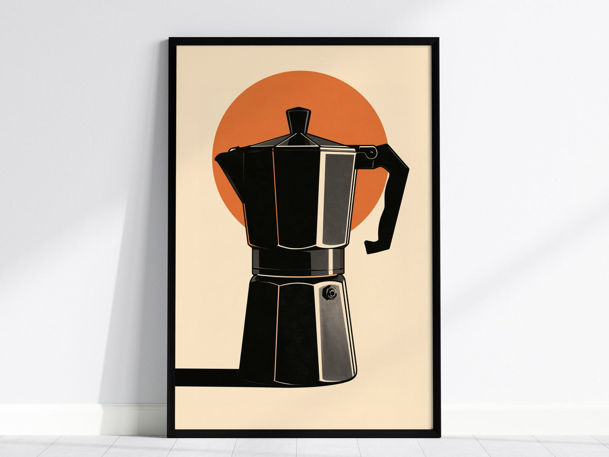 Espresso Machine Icon Poster | Burnt Orange Minimalism Art Print | Kitchen Wall Art — framed print on the wall, 24x36 in