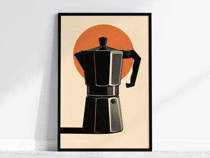 Espresso Machine Icon Poster | Burnt Orange Minimalism Art Print | Kitchen Wall Art — framed print on the wall, 24x36 in