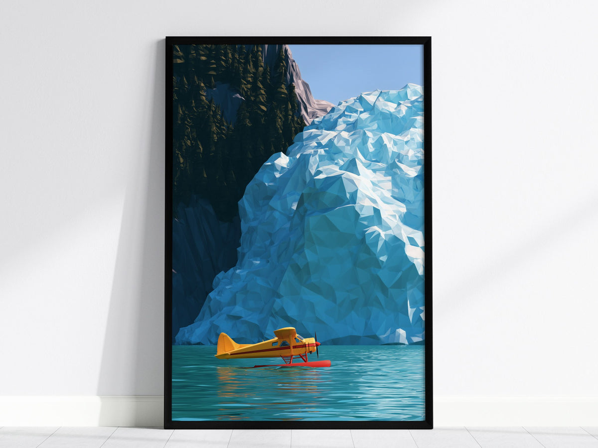 Seaplane Parks Glacier Bay Poster | Yellow and Turquoise Low Poly Art Print | Aviation Wall Art — framed print on the wall, 2