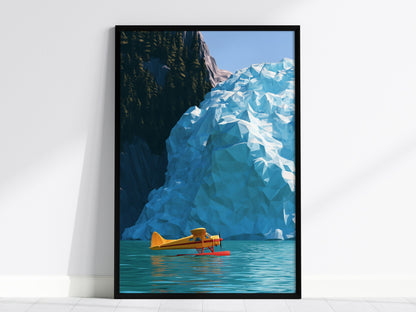 Seaplane Parks Glacier Bay Poster | Yellow and Turquoise Low Poly Art Print | Aviation Wall Art — framed print on the wall, 2