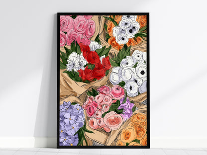 Bouquets at Market Poster | Pink and Lilac Pen and Ink Art Print | Kitchen Wall Art — framed print on the wall, 24x36 in