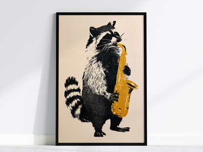 Raccoon Plays Saxophone Poster | Black and Yellow Screen Print Art Print | Music Lover Wall Art — framed print on the wall, 2
