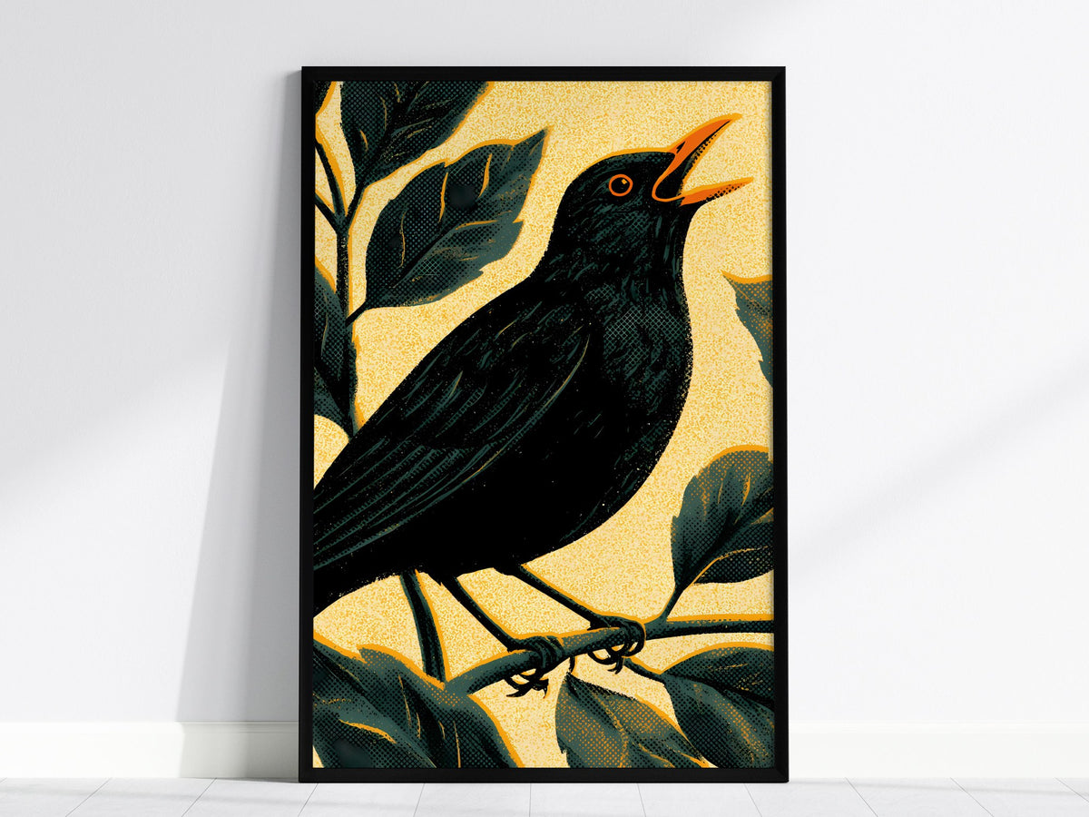 Blackbird in Gold Poster | Gold and Black Screen Print Art Print | British Garden Wall Art — framed print on the wall, 24x36