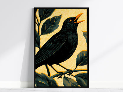 Blackbird in Gold Poster | Gold and Black Screen Print Art Print | British Garden Wall Art — framed print on the wall, 24x36