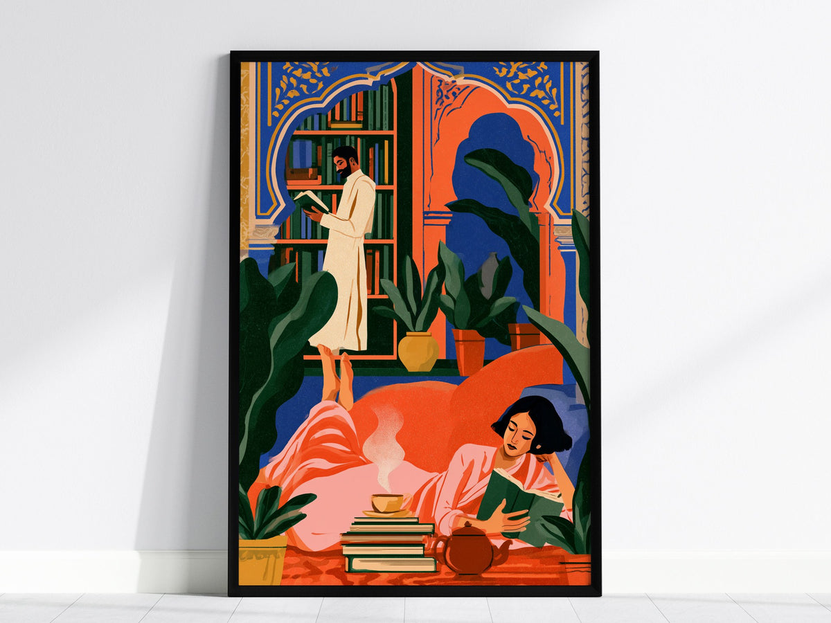 Library Readers Poster | Orange and Blue Illustrative Art Print | Literary Wall Art — framed print on the wall, 24x36 in