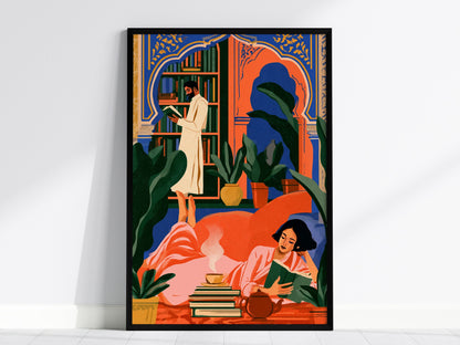 Library Readers Poster | Orange and Blue Illustrative Art Print | Literary Wall Art — framed print on the wall, 24x36 in