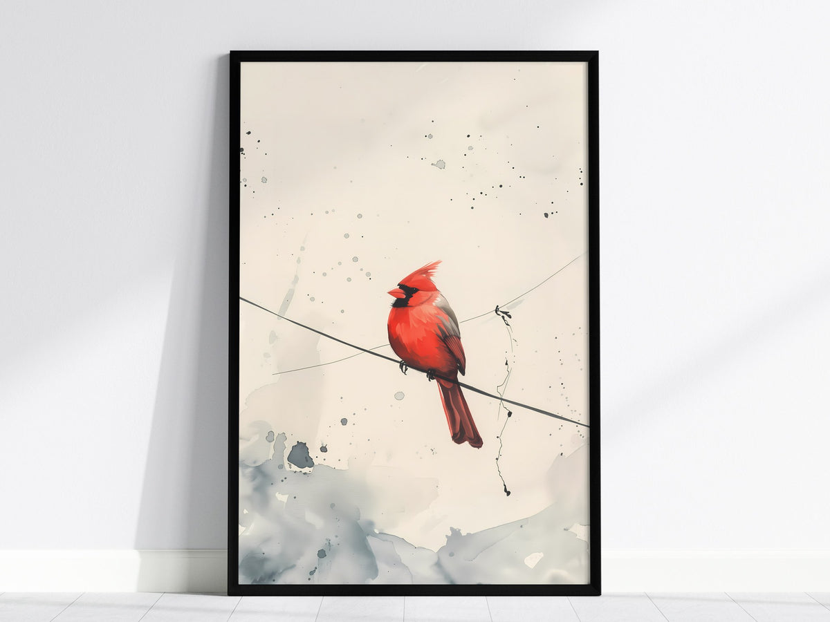 Cardinal on Wire Poster | Crimson and Grey Japanese Watercolor Art Print | Minimalist Wall Art — framed print on the wall, 24