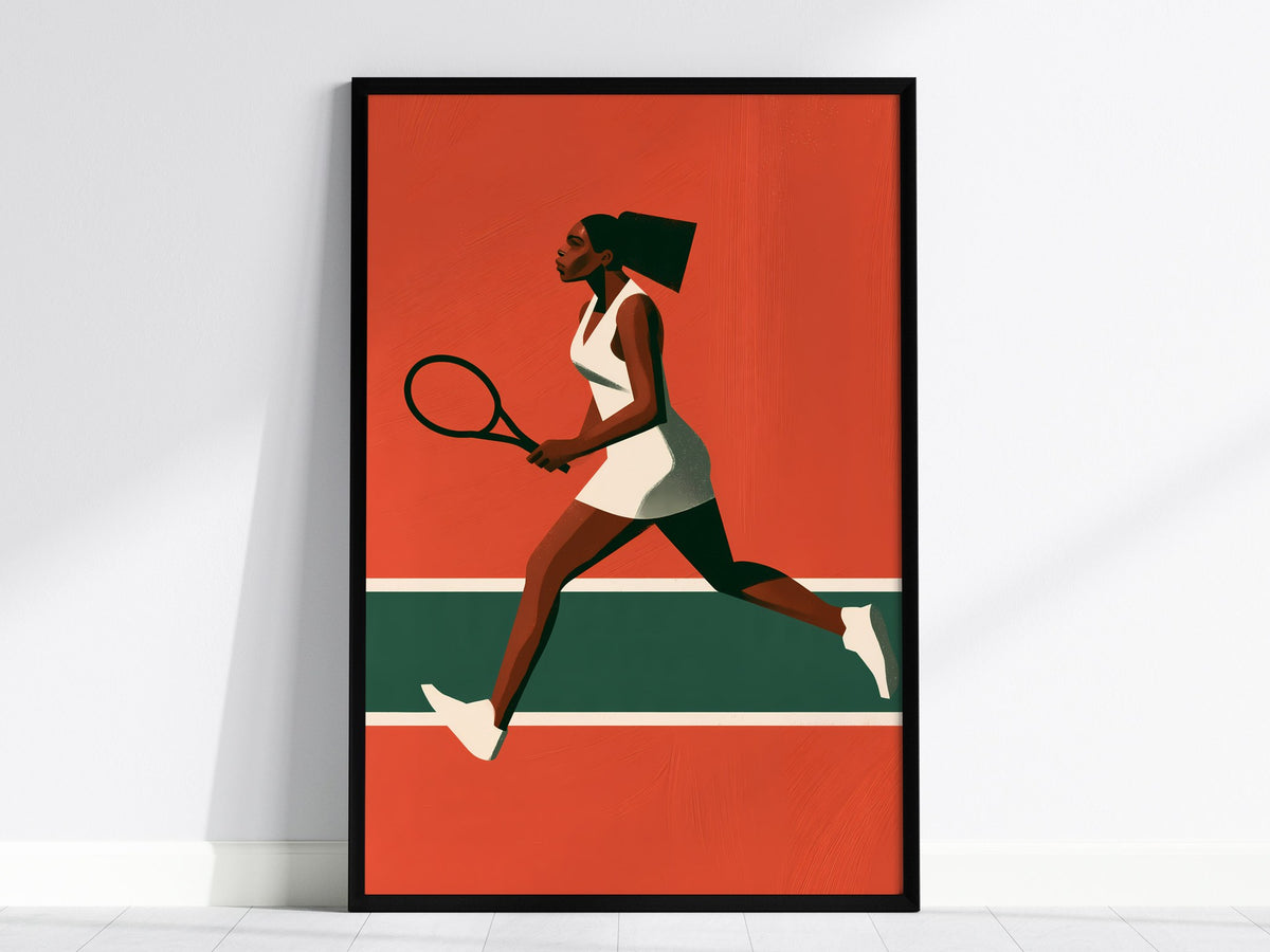 Clay Court Stride Poster | Coral and Green Illustrative Art Print | Tennis Wall Art — framed print on the wall, 24x36 in