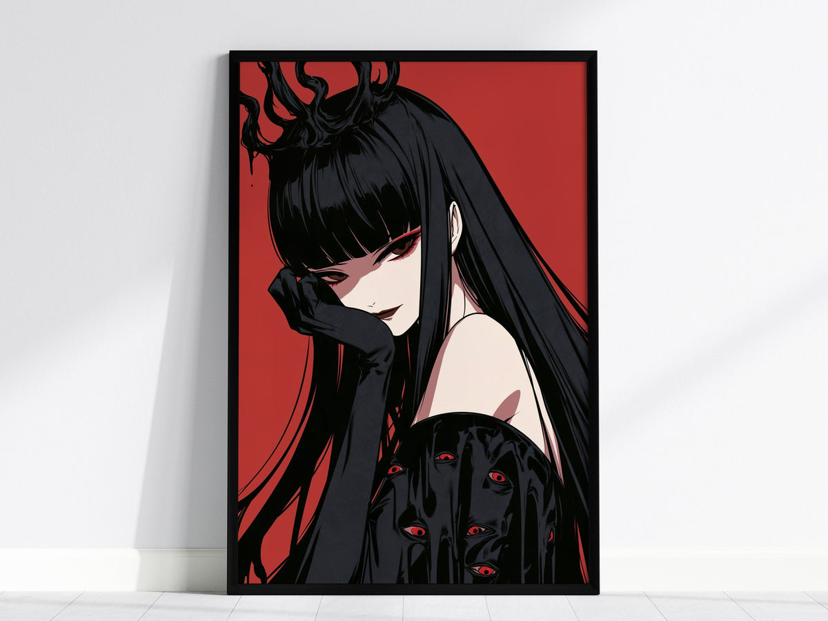 Demon Queen Watches Poster | Red and Black Illustrative Art Print | Dark Fantasy Wall Art — framed print on the wall, 24x36 i