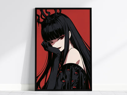 Demon Queen Watches Poster | Red and Black Illustrative Art Print | Dark Fantasy Wall Art — framed print on the wall, 24x36 i