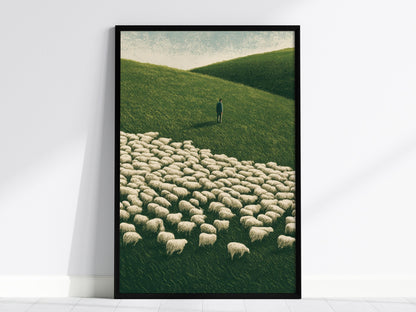 Shepherd Counts Flock Poster | Green and Cream Illustrative Art Print | Cottagecore Wall Art — framed print on the wall, 24x3