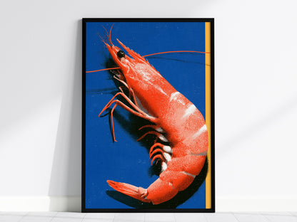 prawn-on-blue Poster | Blue and Orange Screen Print Art Print | Kitchen Wall Art — framed print on the wall, 24x36 in