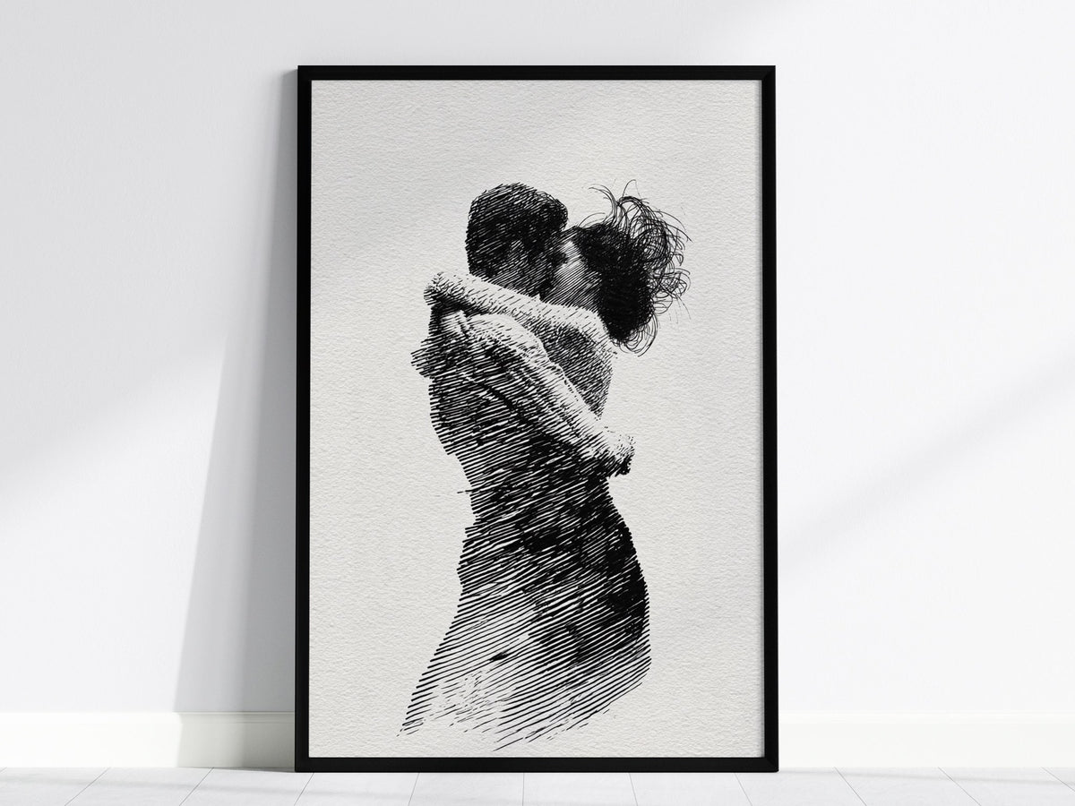 Lovers Almost Kiss Poster | Black and Cream Pen and Ink Art Print | Romantic Wall Art — framed print on the wall, 24x36 in