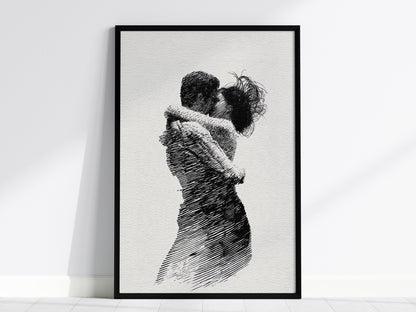 Lovers Almost Kiss Poster | Black and Cream Pen and Ink Art Print | Romantic Wall Art — framed print on the wall, 24x36 in