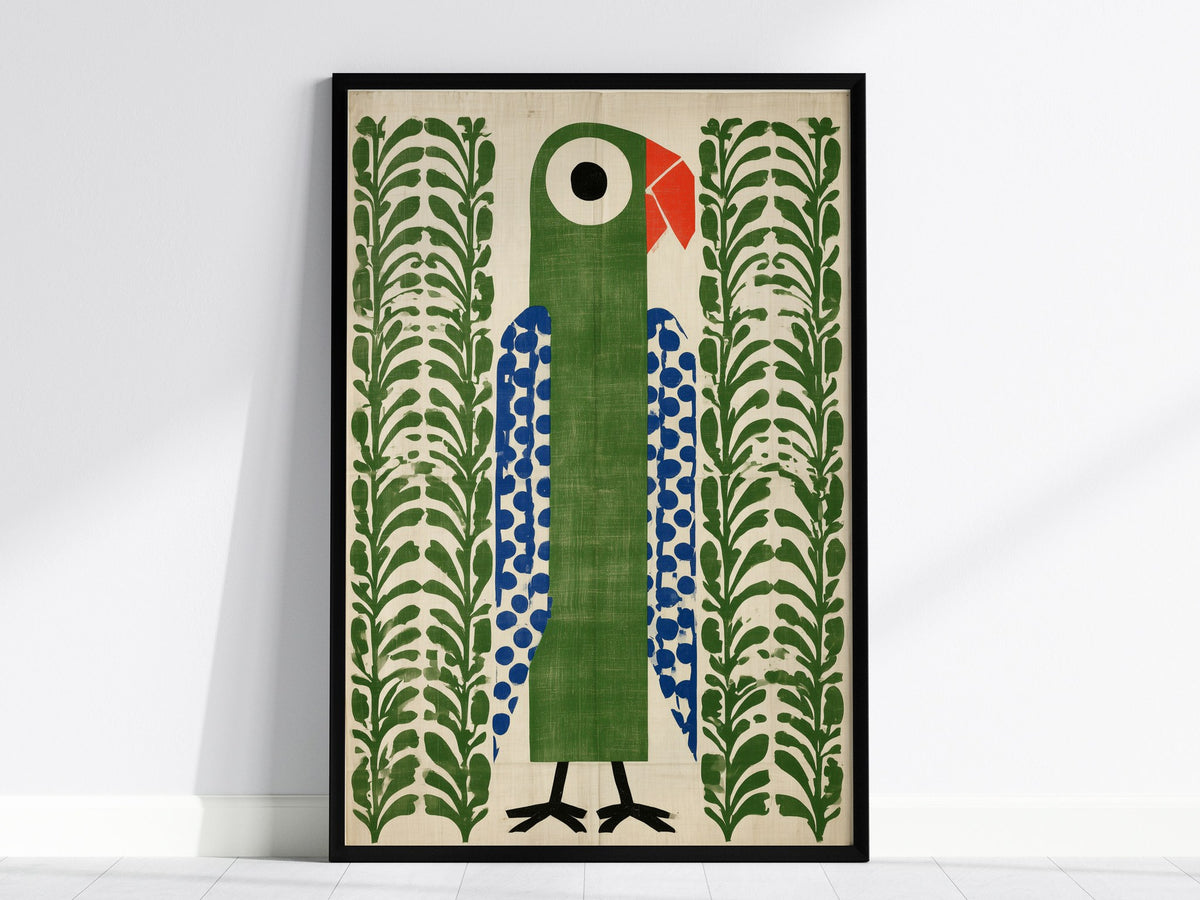 parrot-in-green Poster | Emerald and Jade Flat Design Art Print | Modern Minimal Wall Art — framed print on the wall, 24x36 i
