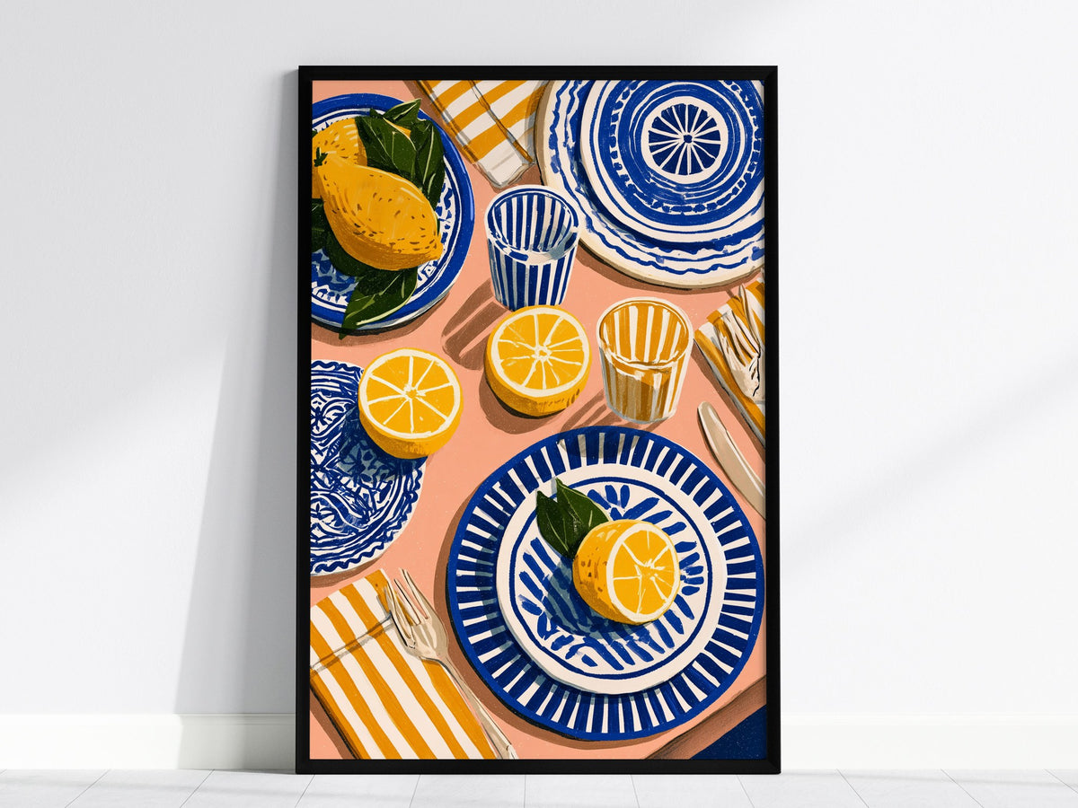 Lemon Table Poster | Cobalt and Ochre Illustrative Art Print | Kitchen Wall Art — framed print on the wall, 24x36 in