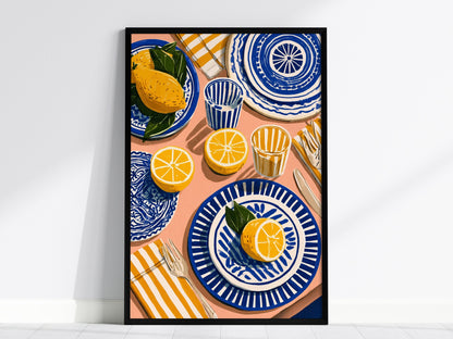 Lemon Table Poster | Cobalt and Ochre Illustrative Art Print | Kitchen Wall Art — framed print on the wall, 24x36 in