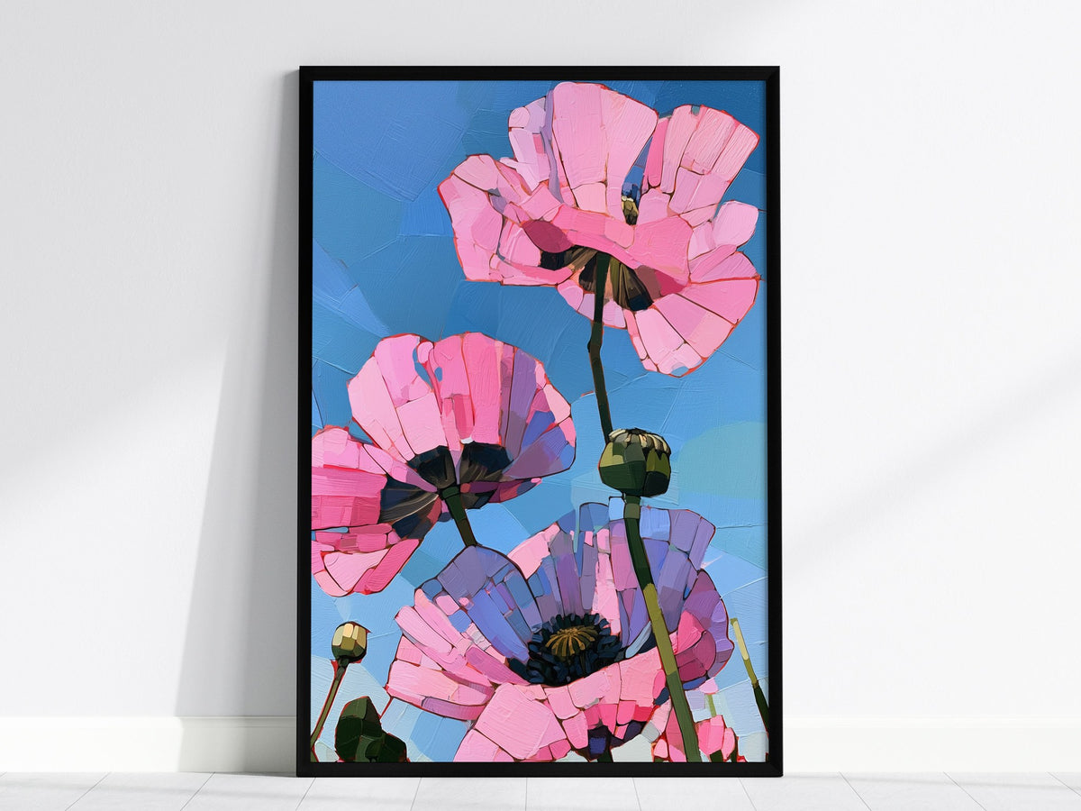 Poppies Face Sky Poster | Cobalt and White Oil Painting Art Print | Cottagecore Wall Art — framed print on the wall, 24x36 in