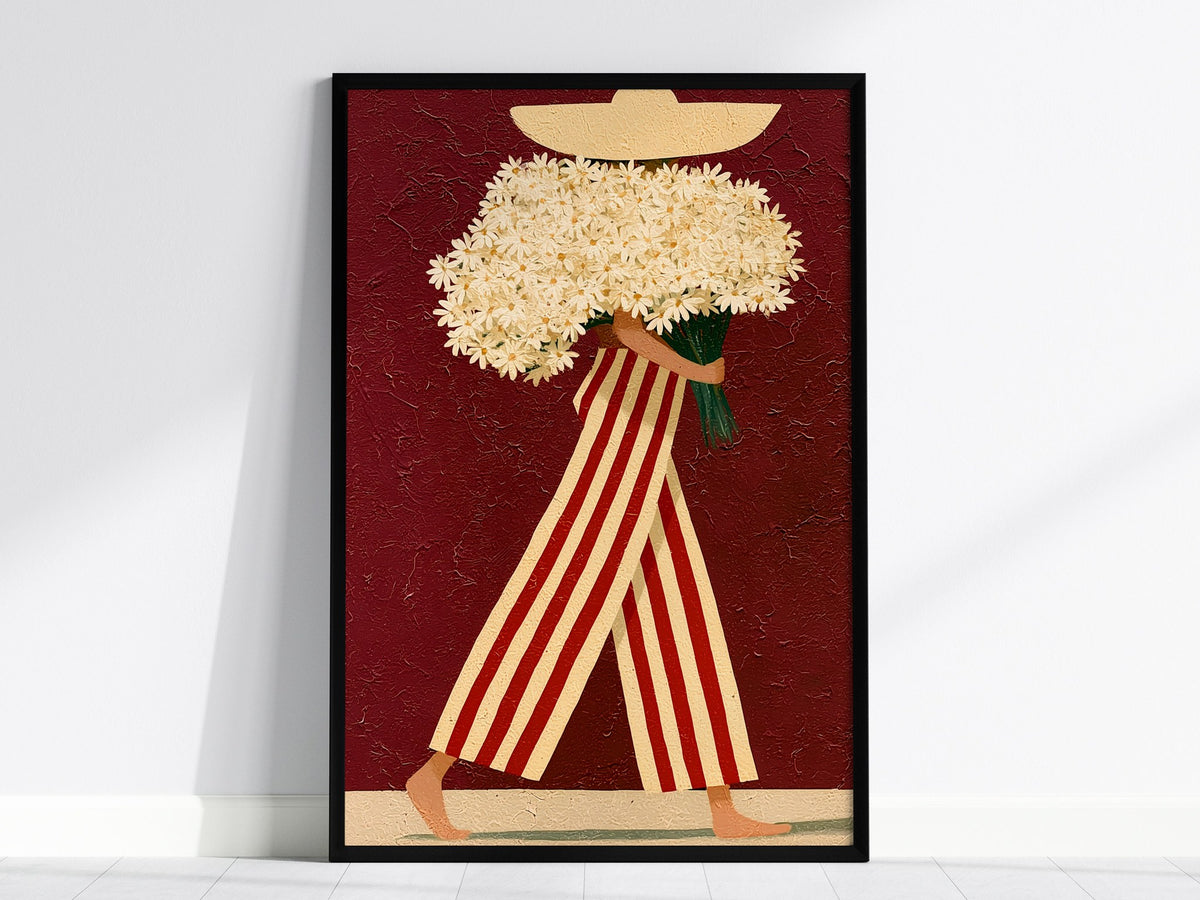Daisy Carrier Poster | Burgundy and Cream Flat Design Art Print | Folk Art Wall Art — framed print on the wall, 24x36 in