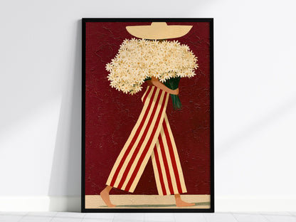 Daisy Carrier Poster | Burgundy and Cream Flat Design Art Print | Folk Art Wall Art — framed print on the wall, 24x36 in