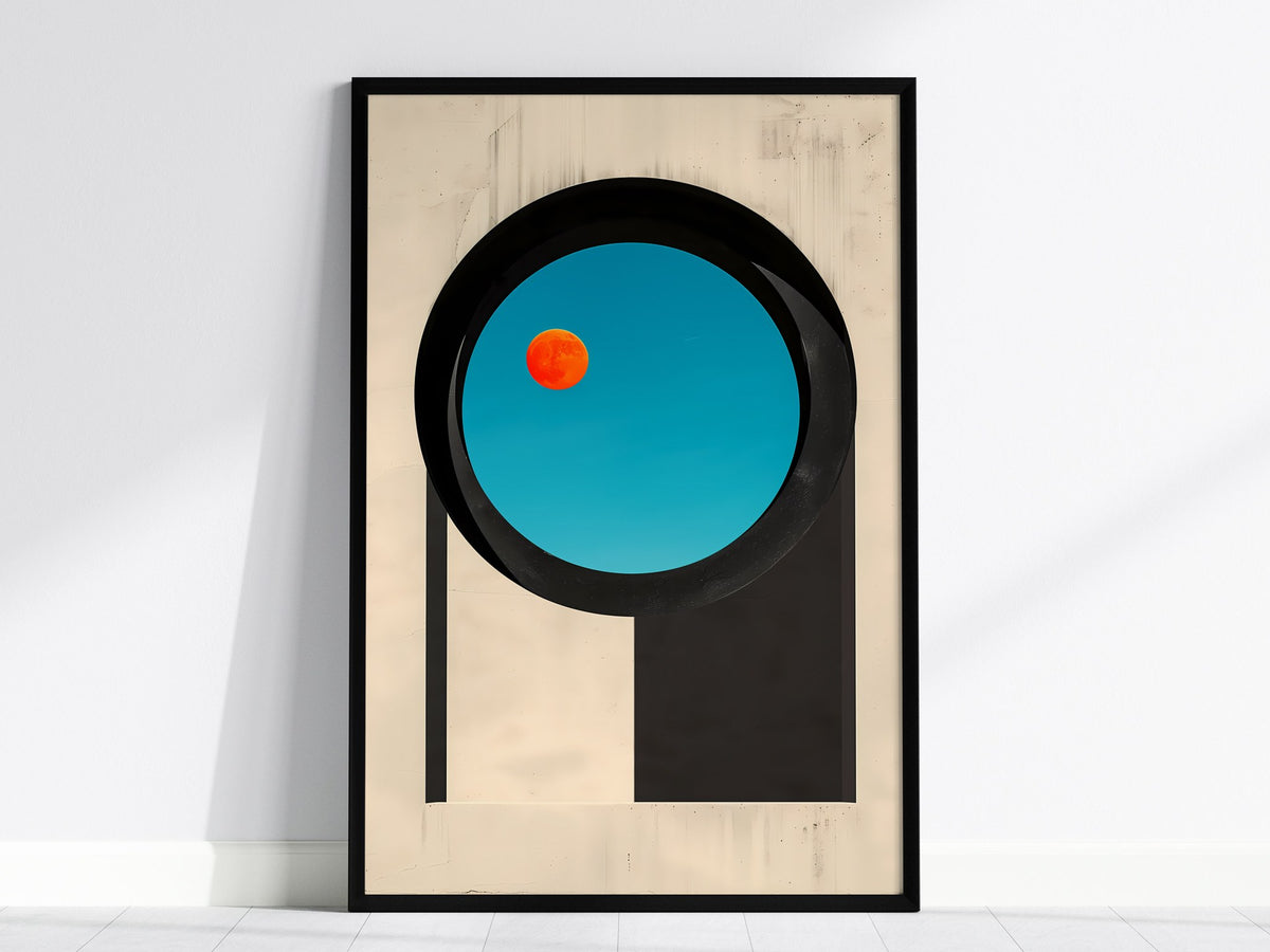 Circular Window Portal Poster | Cobalt and Orange Minimalism Art Print | Minimalist Wall Art — framed print on the wall, 24x3
