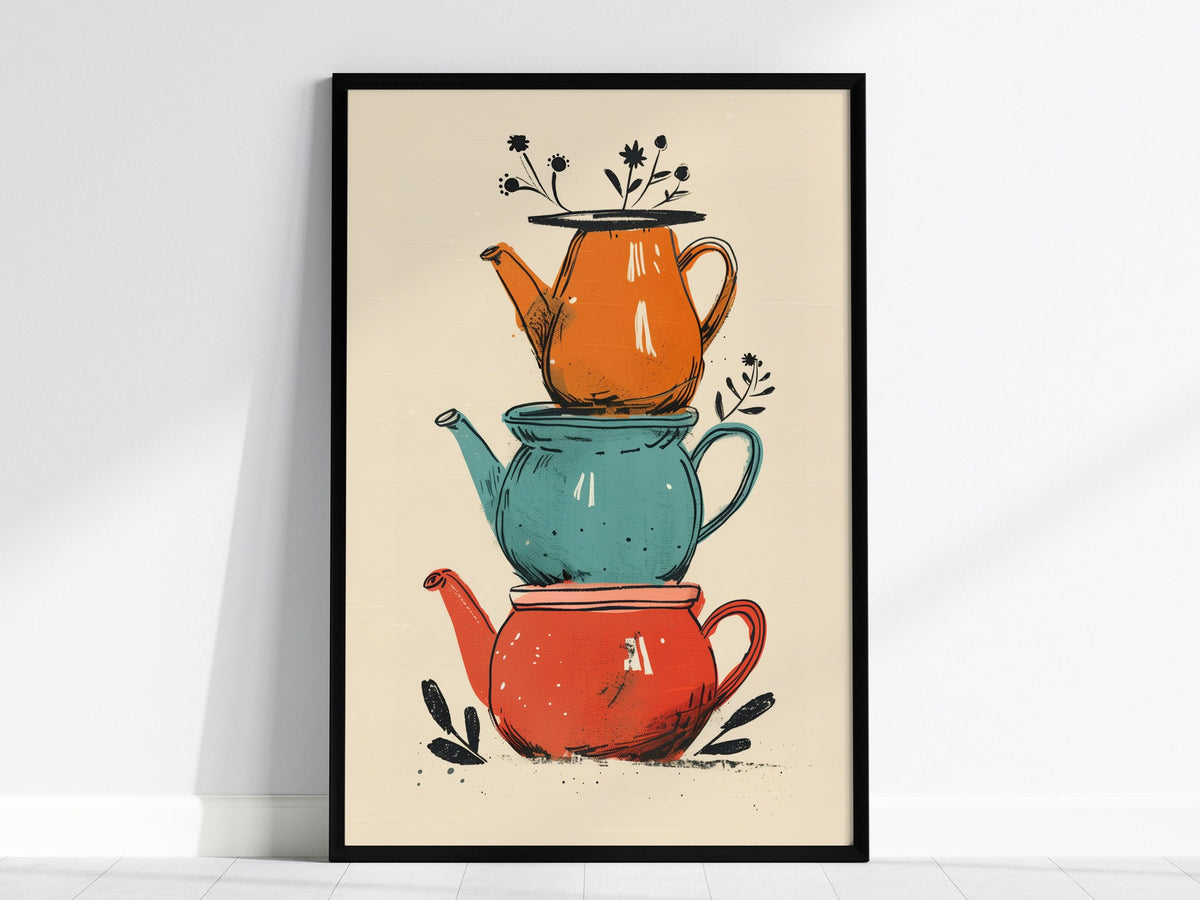 Stacked Teapots Poster | Coral and Teal Illustrative Art Print | Kitchen Wall Art — framed print on the wall, 24x36 in