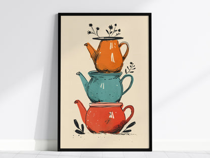 Stacked Teapots Poster | Coral and Teal Illustrative Art Print | Kitchen Wall Art — framed print on the wall, 24x36 in