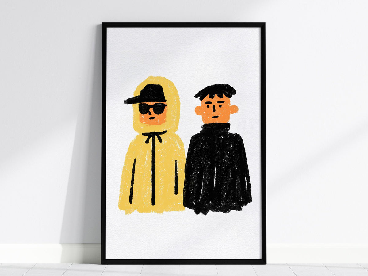 Yellow Hood Black Poster | Yellow and Black Illustrative Art Print | Streetwear Wall Art — framed print on the wall, 24x36 in
