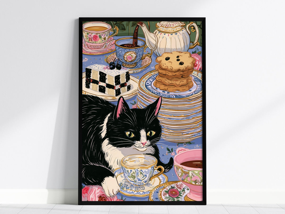 Cat Takes Tea Poster | Pink and Grey-Blue Illustrative Art Print | Kitchen Wall Art — framed print on the wall, 24x36 in