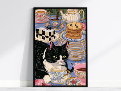 Cat Takes Tea Poster | Pink and Grey-Blue Illustrative Art Print | Kitchen Wall Art — framed print on the wall, 24x36 in