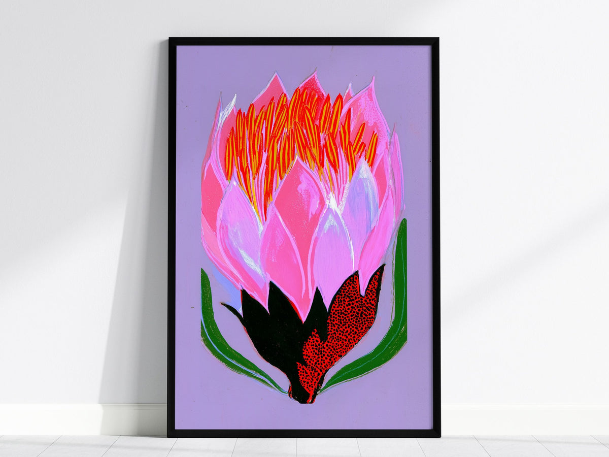 Flower Erupts Purple Poster | Pink and Lavender Illustrative Art Print | Botanical Wall Art — framed print on the wall, 24x36