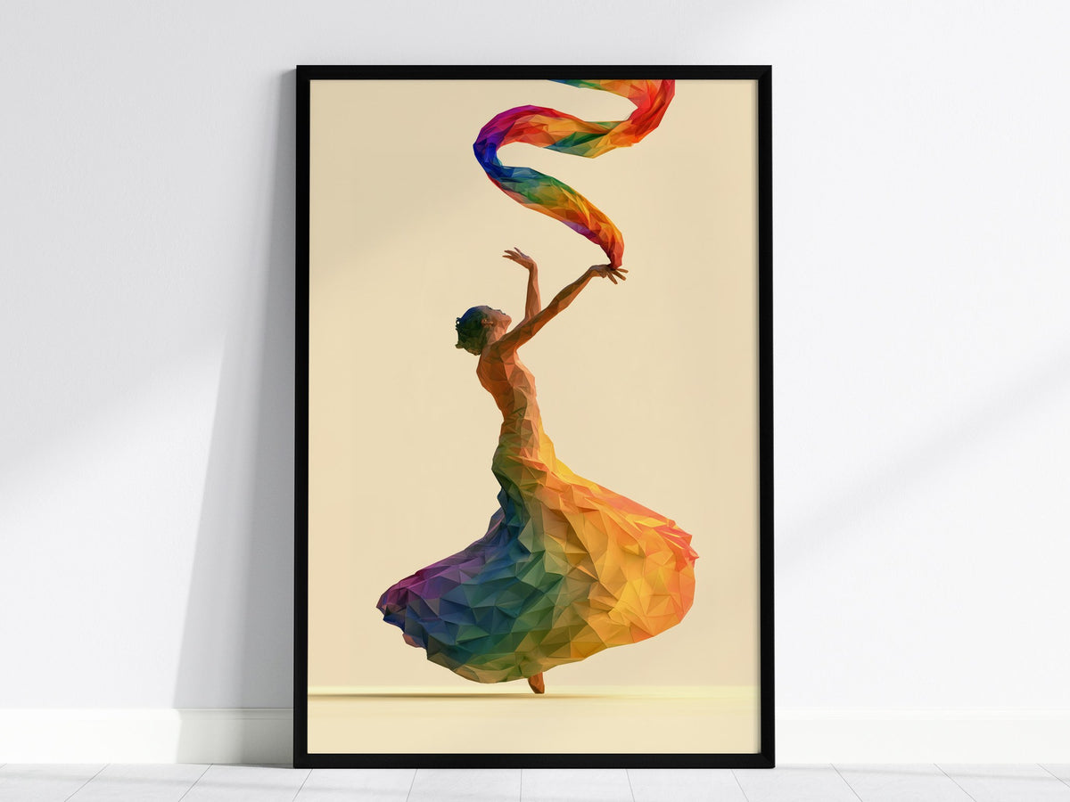 Dancer Unfurls Rainbow Poster | Rainbow Jewel Tones Low Poly Art Print | Modern Minimalist Wall Art — framed print on the wal