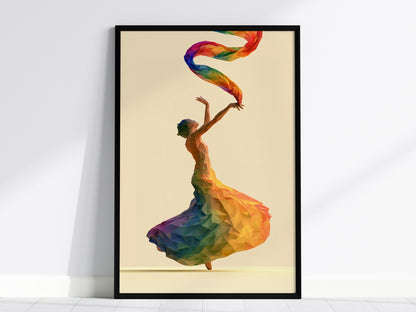 Dancer Unfurls Rainbow Poster | Rainbow Jewel Tones Low Poly Art Print | Modern Minimalist Wall Art — framed print on the wal