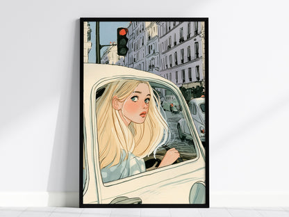 Girl Waits Red Poster | Cream and Sage Illustrative Art Print | Romantic Vintage Wall Art — framed print on the wall, 24x36 i